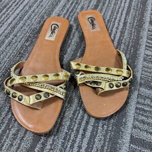 Candies gold studded and rhinestone embellished thong flat sandals